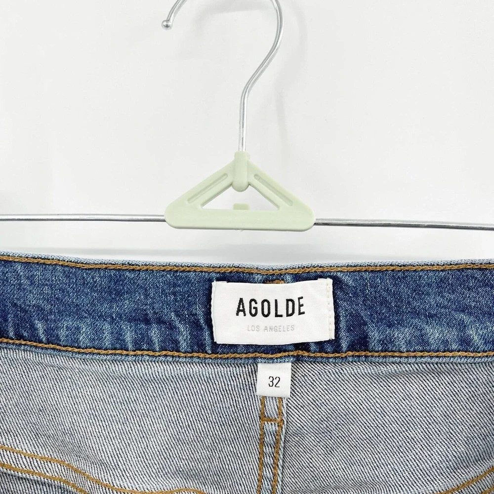 Agolde Riley Straight Crop Jeans Sz 32 Blue High Rise Button Fly Distressed - Picture 10 of 12